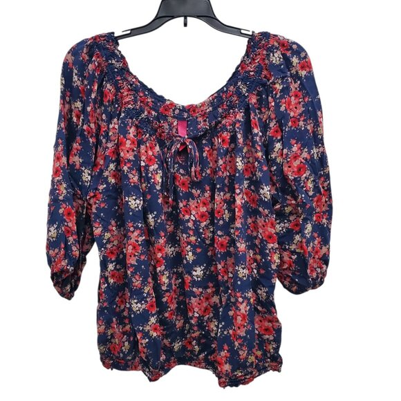 Pure Energy Woman's Y2K‎ Navy Red Floral Keyhole Neck Boho Peasant Top Plus Sz 2 - Picture 1 of 7